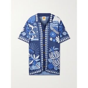 FARM Rio Blue Rio Tiles Lenzing Viscose Knit Shirt Unisex Large Navy Blue Floral